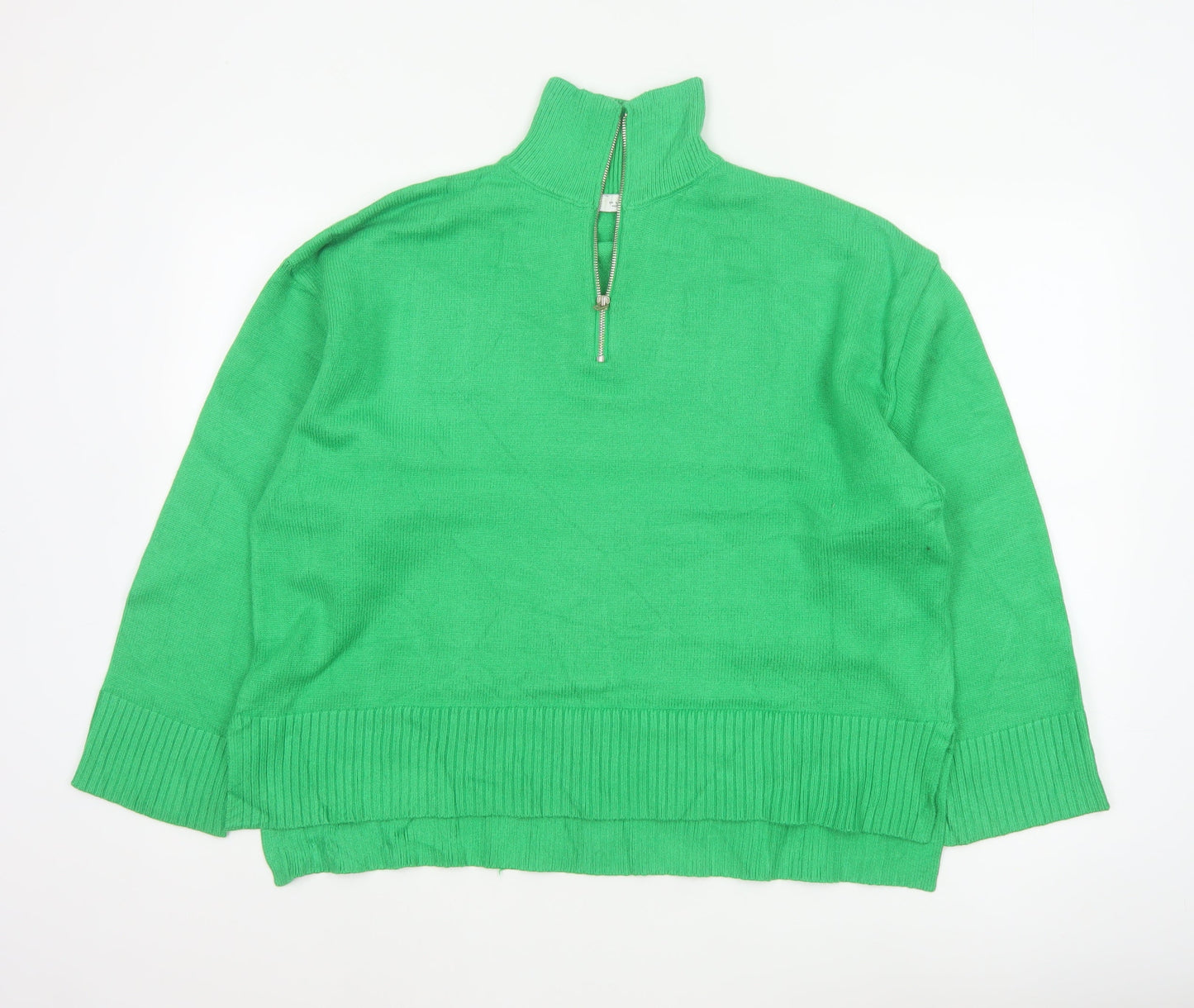 Zara Women Green L High Neck 1/2 Zip Knit Pullover Jumper