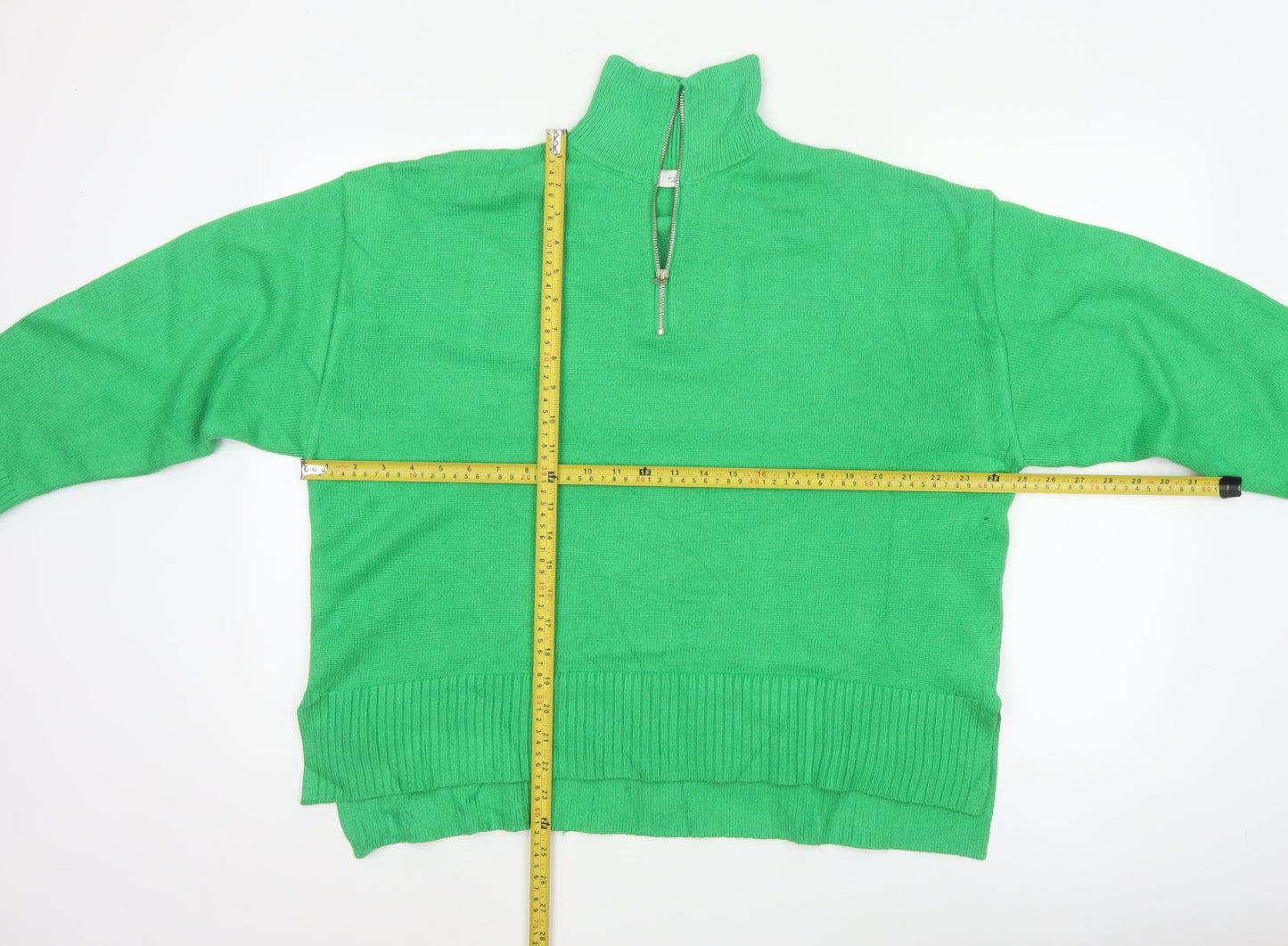 Zara Women Green L High Neck 1/2 Zip Knit Pullover Jumper