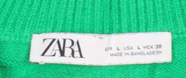 Zara Women Green L High Neck 1/2 Zip Knit Pullover Jumper