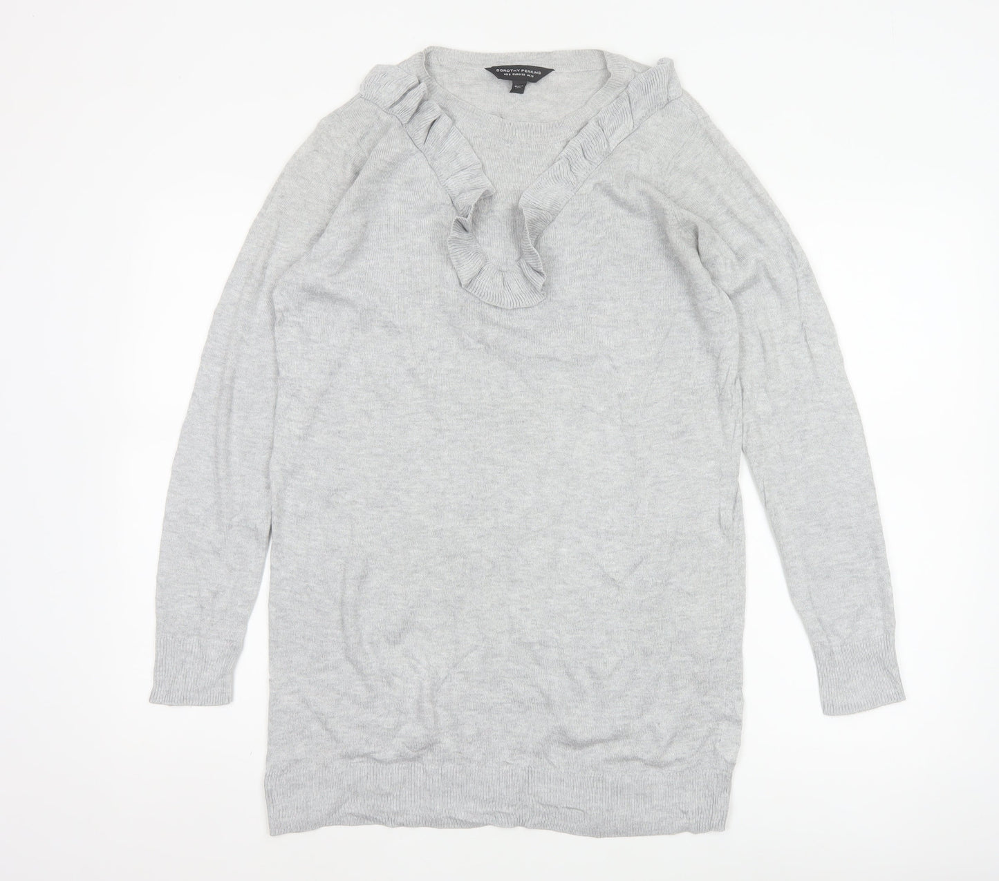 Dorothy Perkins Women Grey UK 10 Ruffle V-Neck Longline Knit Jumper