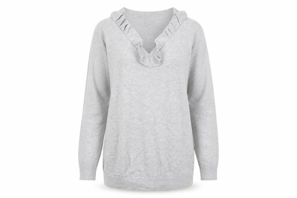 Front view of Dorothy Perkins Women Grey UK 10 Ruffle V-Neck Longline Knit Jumper