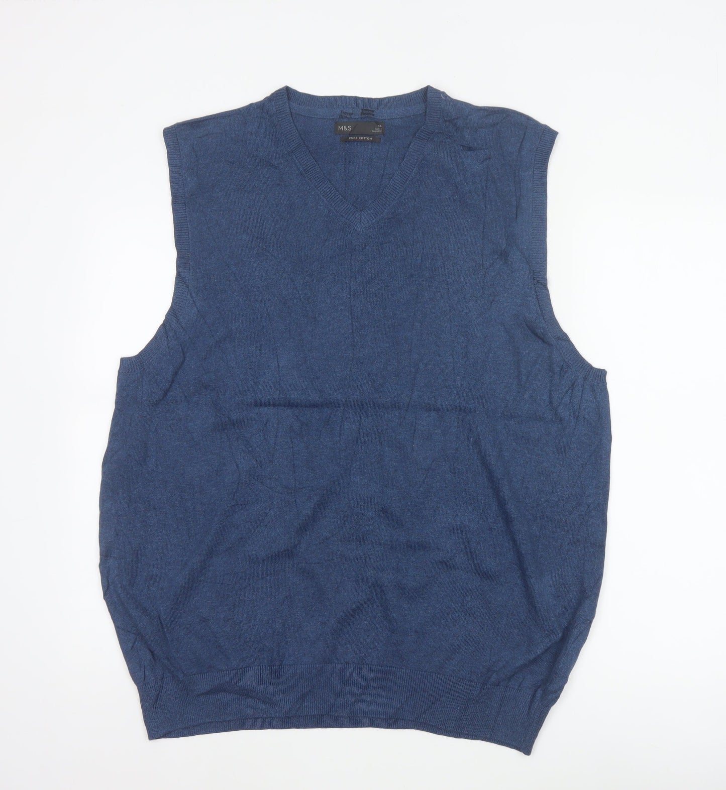 Marks and Spencer Men's Blue XL V-Neck Pure Cotton Knit Vest