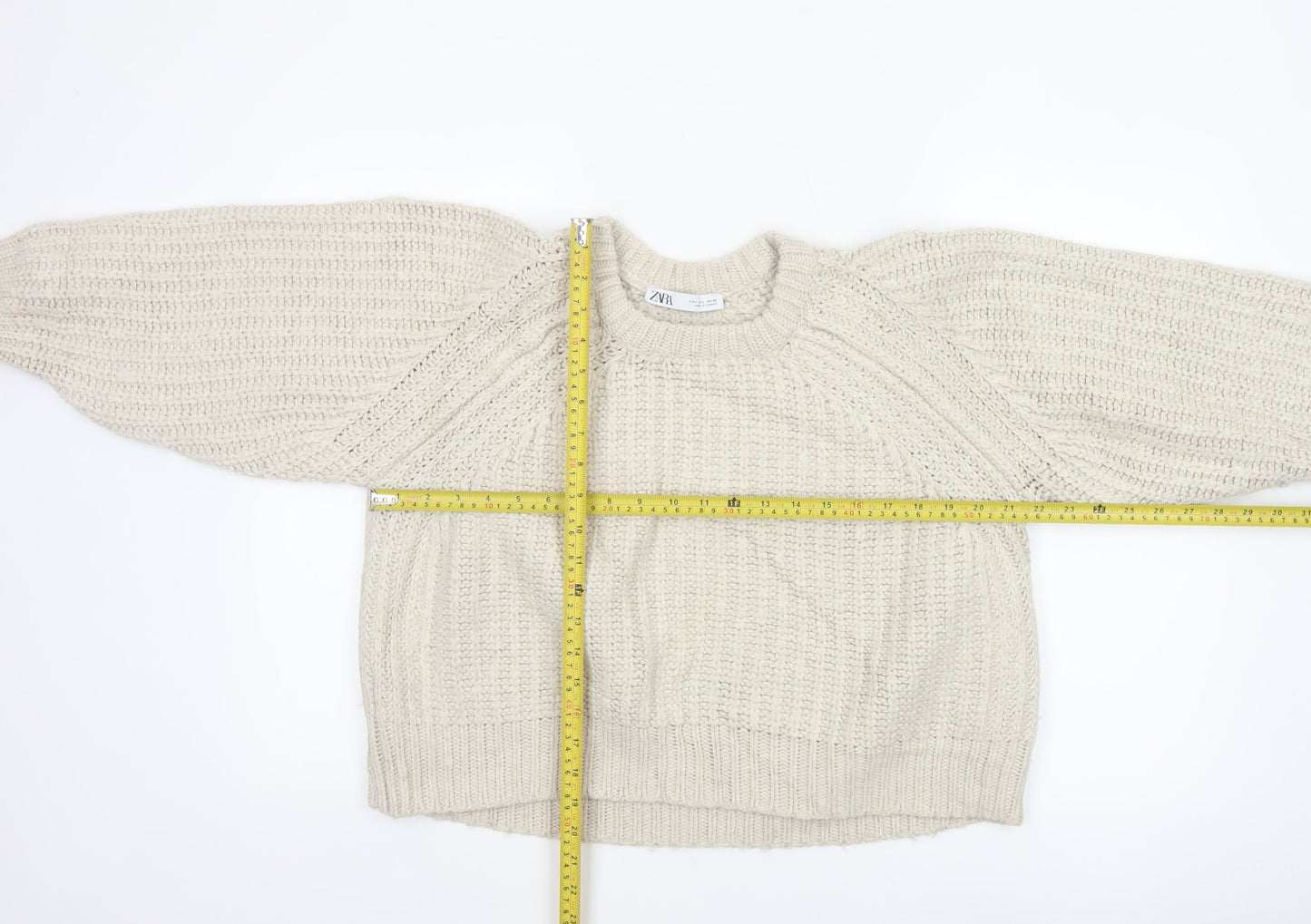 Zara Women Ivory L Chunky Cable Knit Crew Neck Raglan Jumper