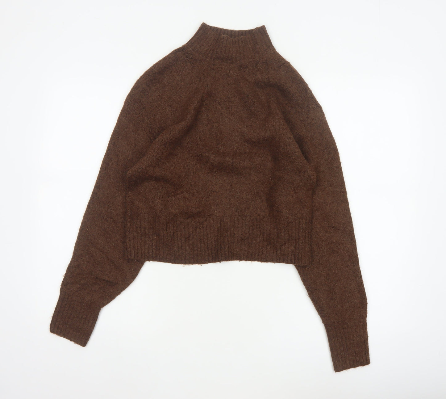 Monki Women Brown XS High Neck Knit Pullover Wool Blend Jumper
