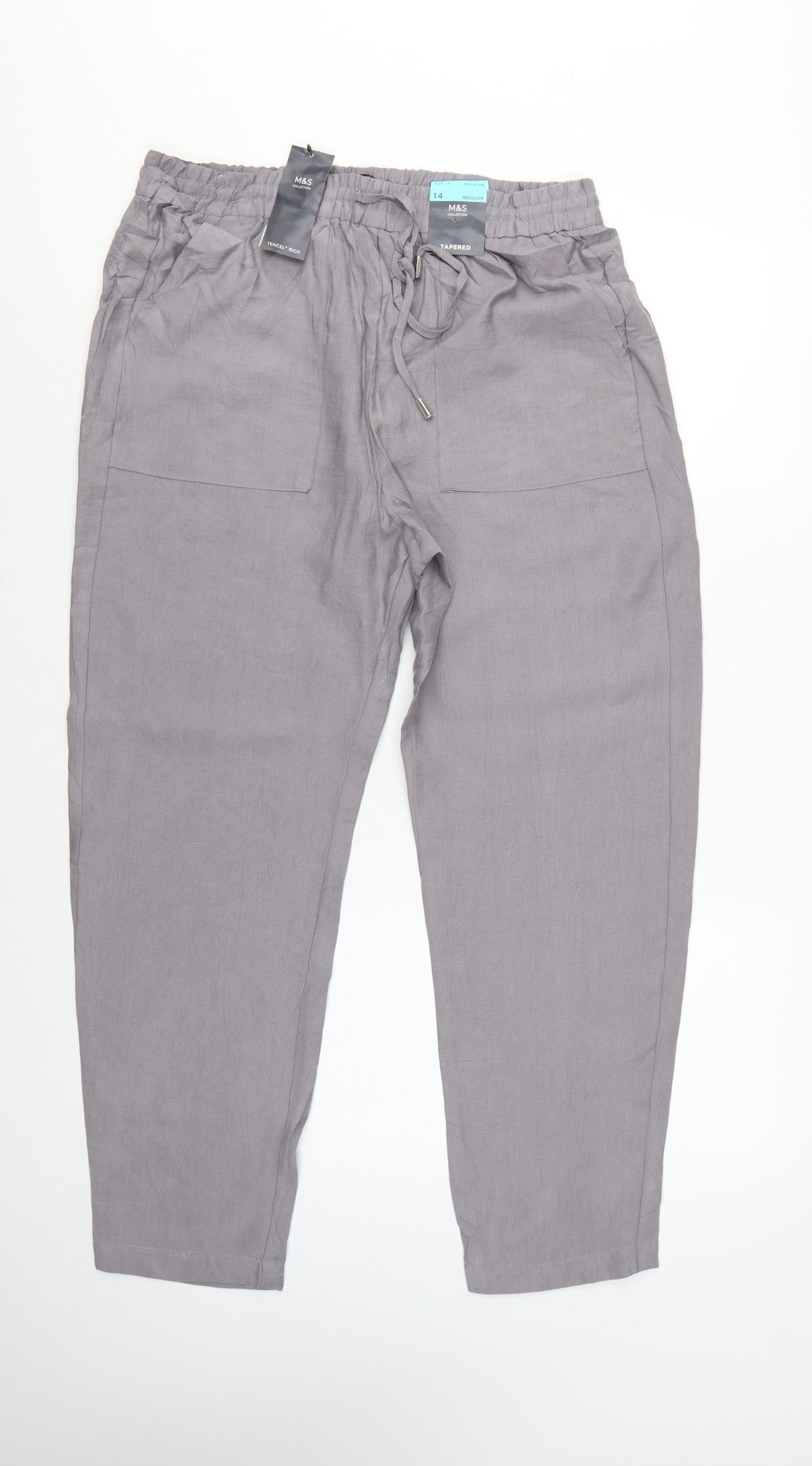 Marks and Spencer Women Grey Size 14 Tapered Tencel Rich Paperbag Trousers
