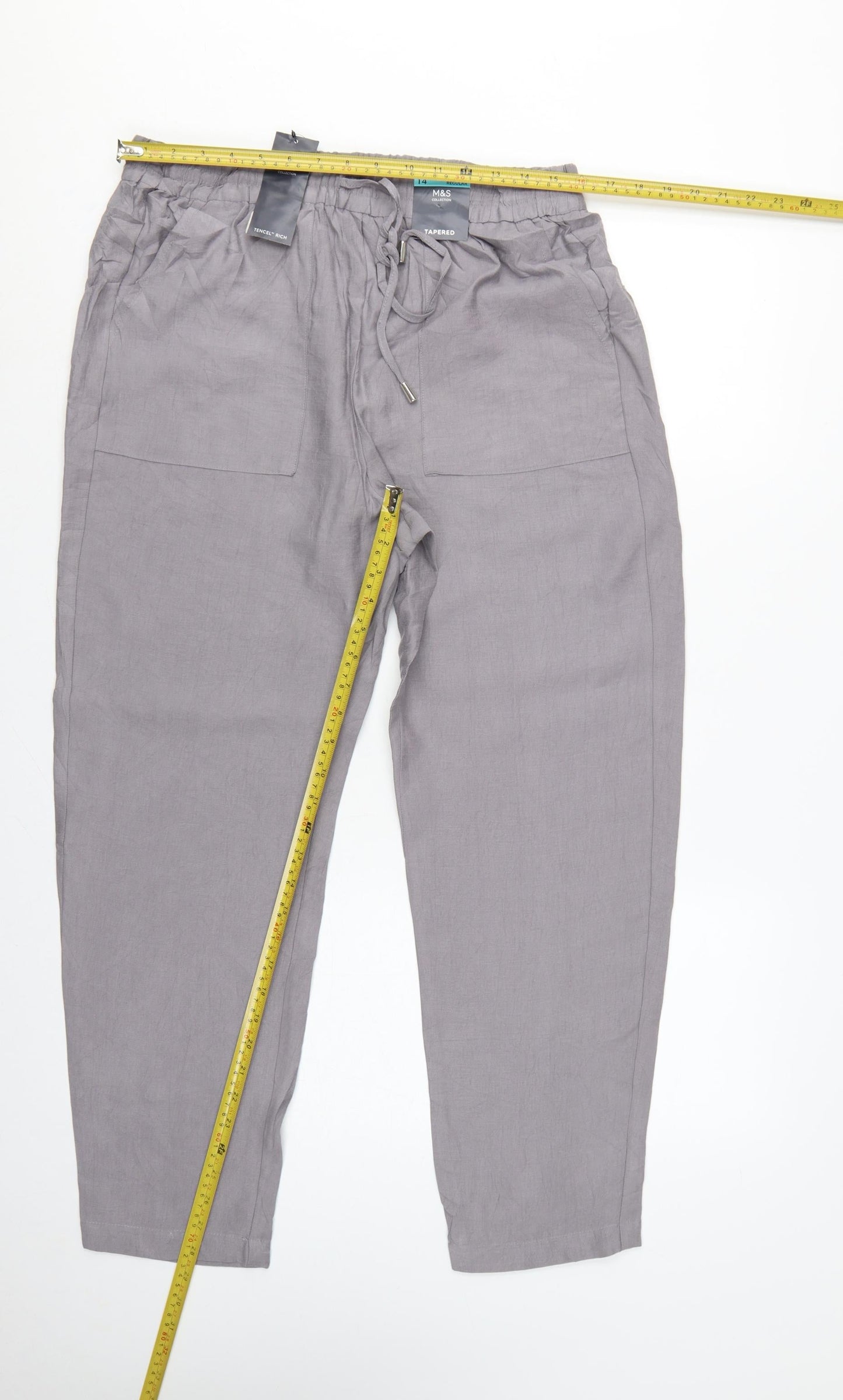 Marks and Spencer Women Grey Size 14 Tapered Tencel Rich Paperbag Trousers