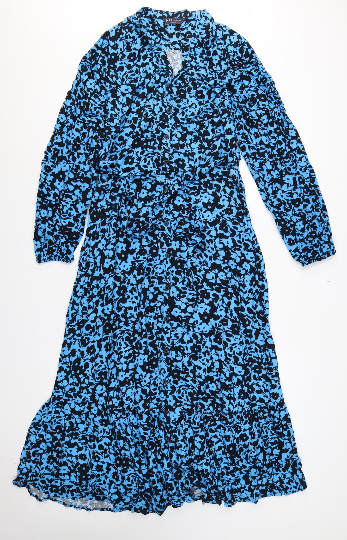 Marks and Spencer Women Blue Floral UK 14 Long Shirt Dress Belted