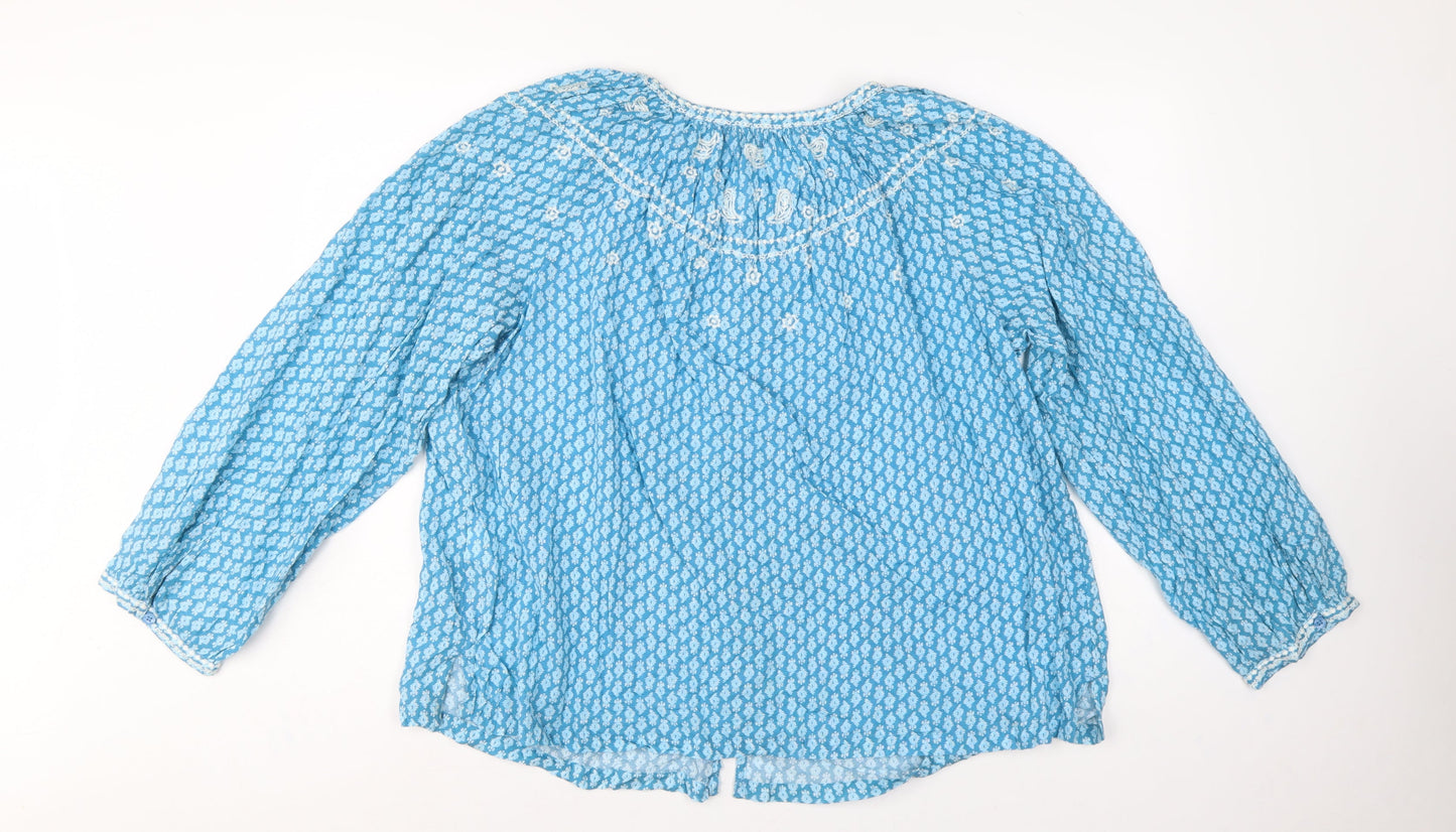 Marks and Spencer Women Blue Size 12 Embroidered Floral Boho Blouse
