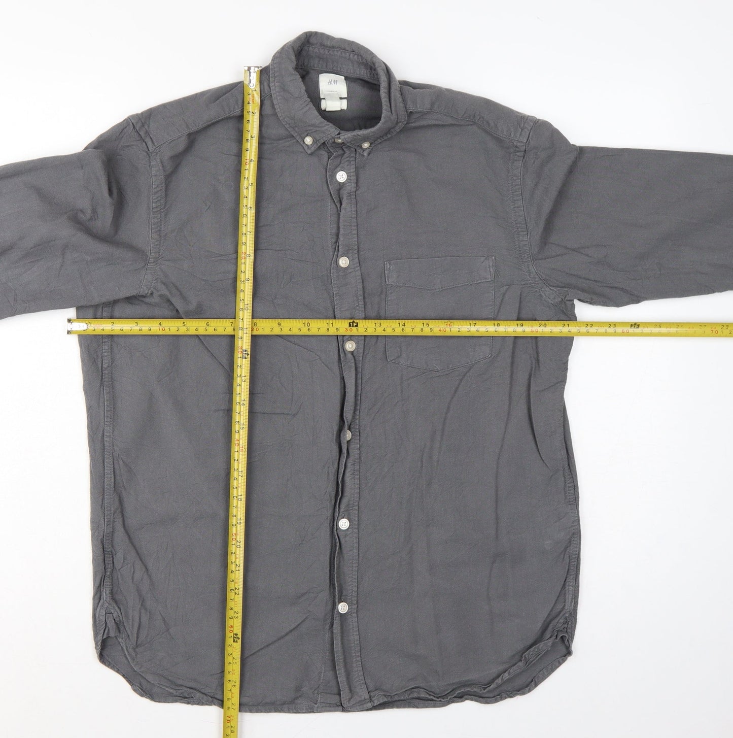H&M Men Grey M Regular Fit Cotton Button-Down Long Sleeve Shirt