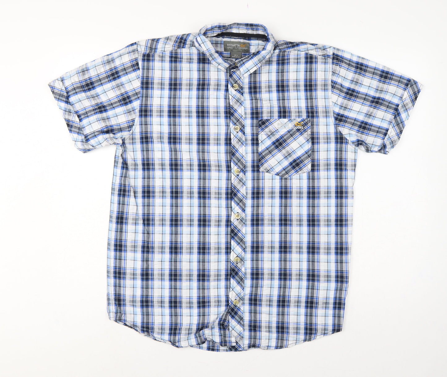 Regatta Men Blue Plaid Short Sleeve Cotton Button-Up Shirt L
