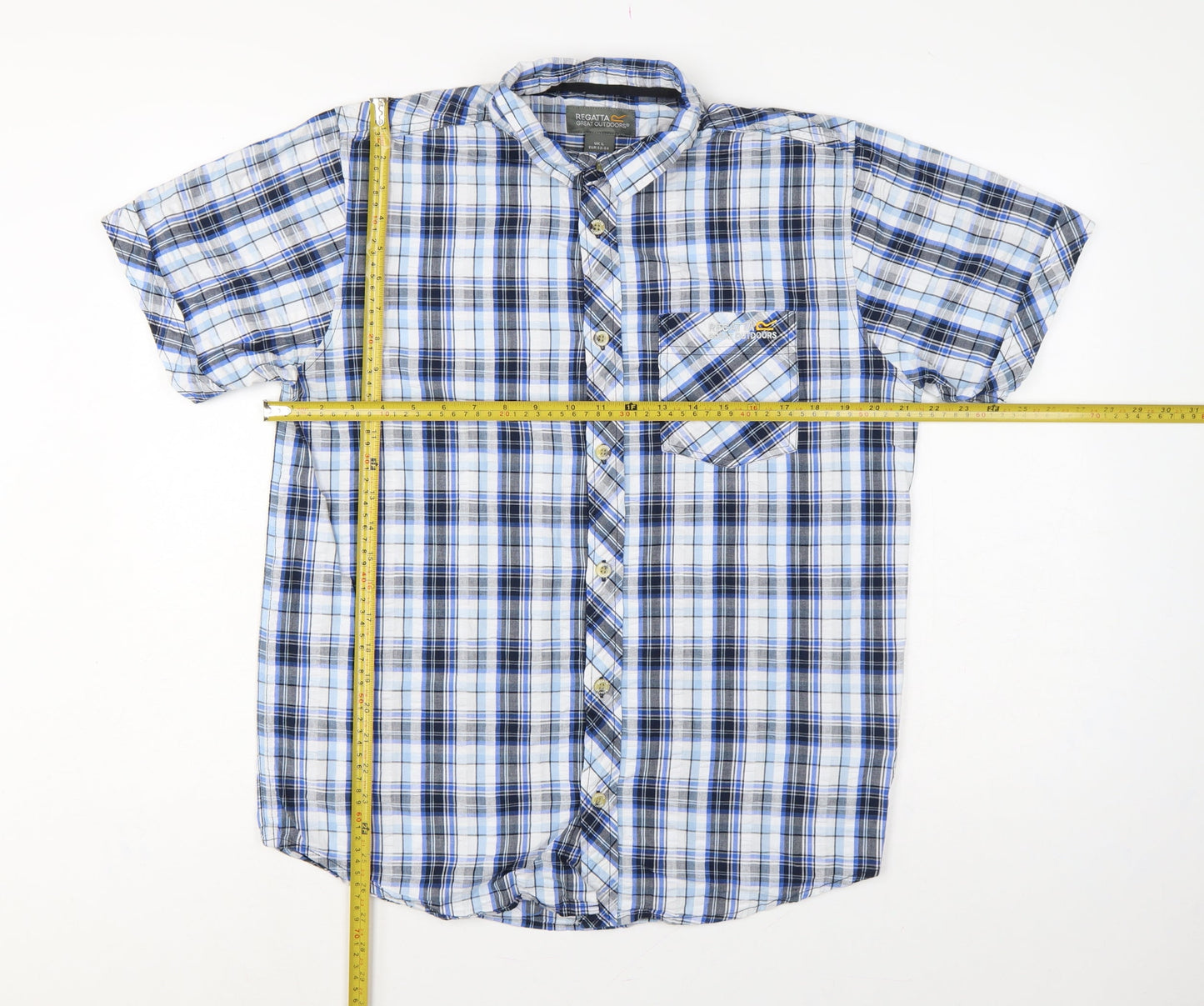 Regatta Men Blue Plaid Short Sleeve Cotton Button-Up Shirt L