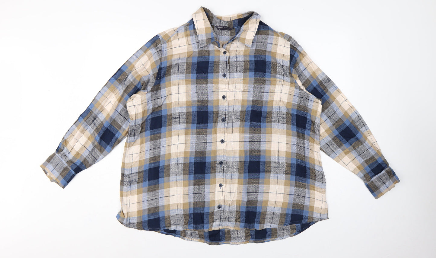 Marks & Spencer Women’s Blue Plaid Cotton Basic Button-Up Shirt UK 16