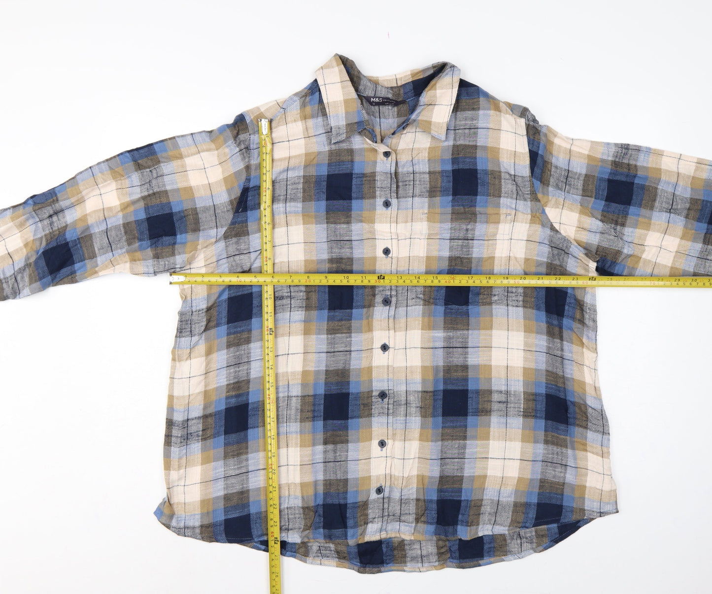 Marks & Spencer Women’s Blue Plaid Cotton Basic Button-Up Shirt UK 16
