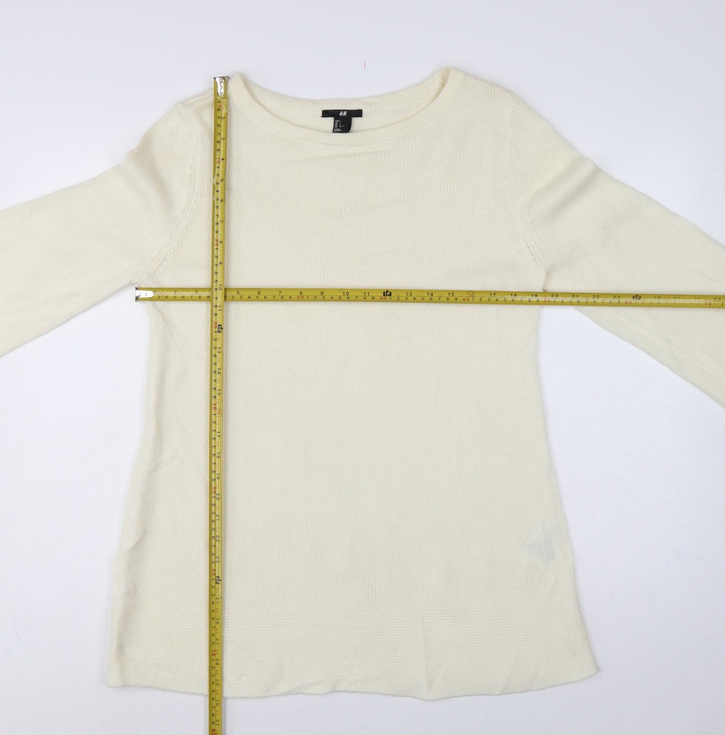 H&M Women’s Ivory Knit Tunic Jumper UK 14 Bell Sleeve Round Neck