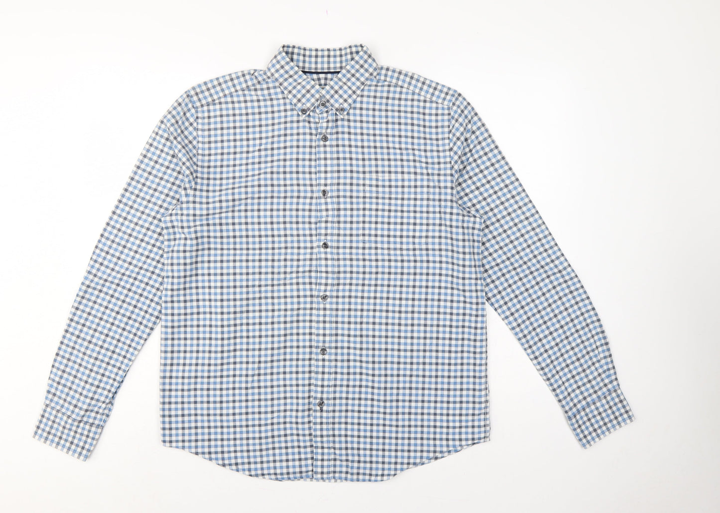 John Lewis Men Blue White Check Cotton Oxford Button-Up Shirt M
