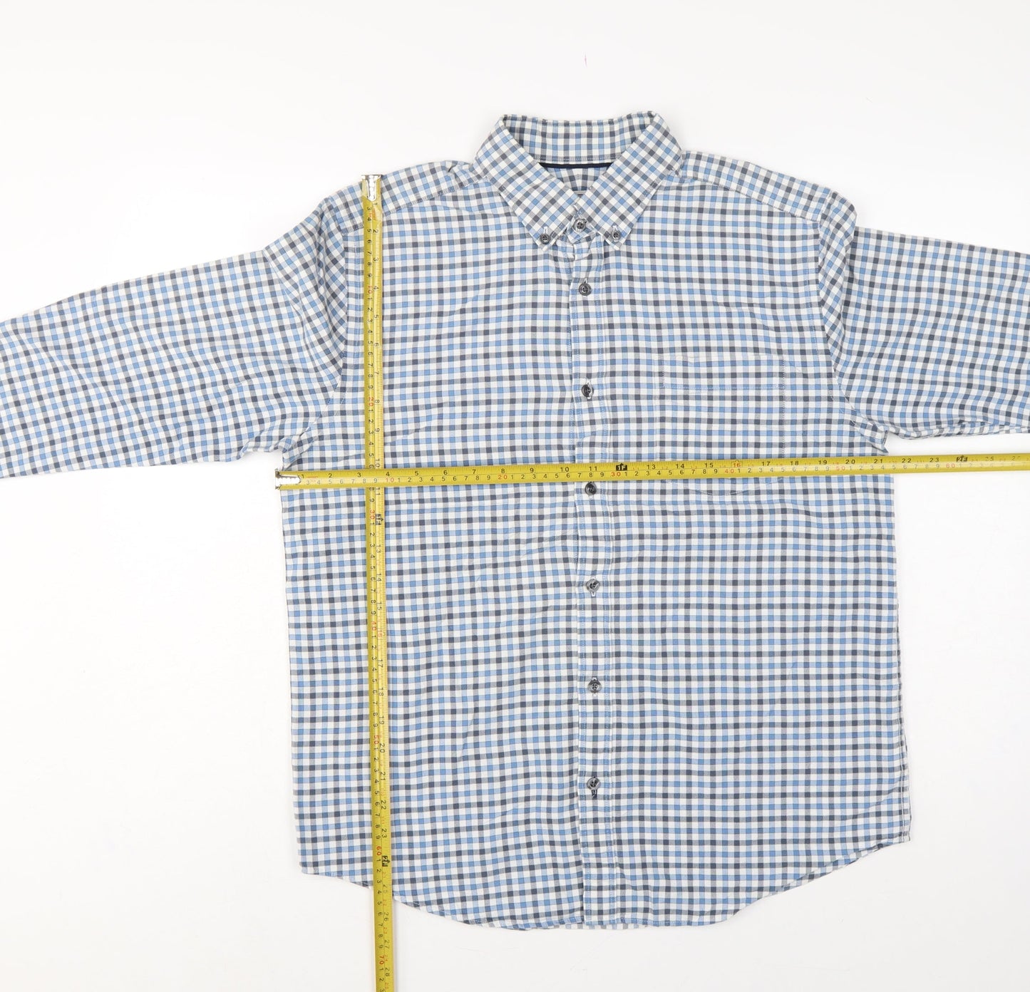John Lewis Men Blue White Check Cotton Oxford Button-Up Shirt M