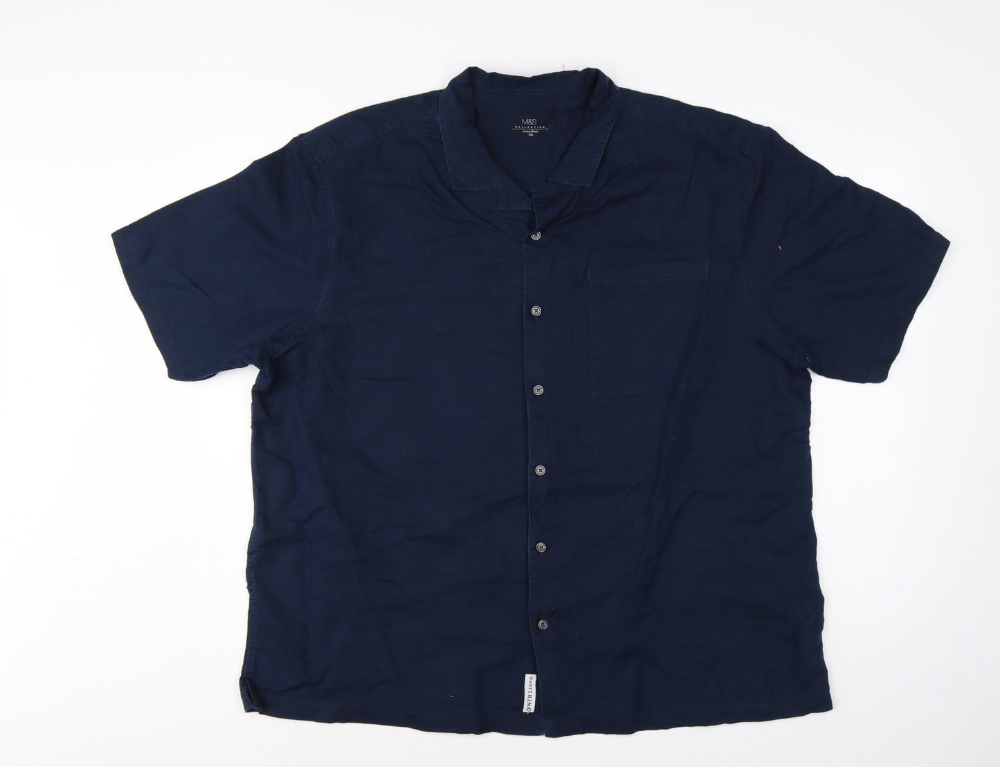 Marks and Spencer Men Blue XXL Linen Blend Short Sleeve Button-Up Shirt