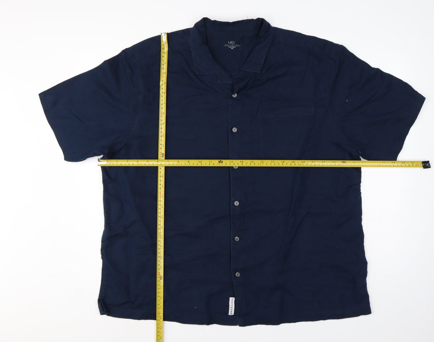 Marks and Spencer Men Blue XXL Linen Blend Short Sleeve Button-Up Shirt