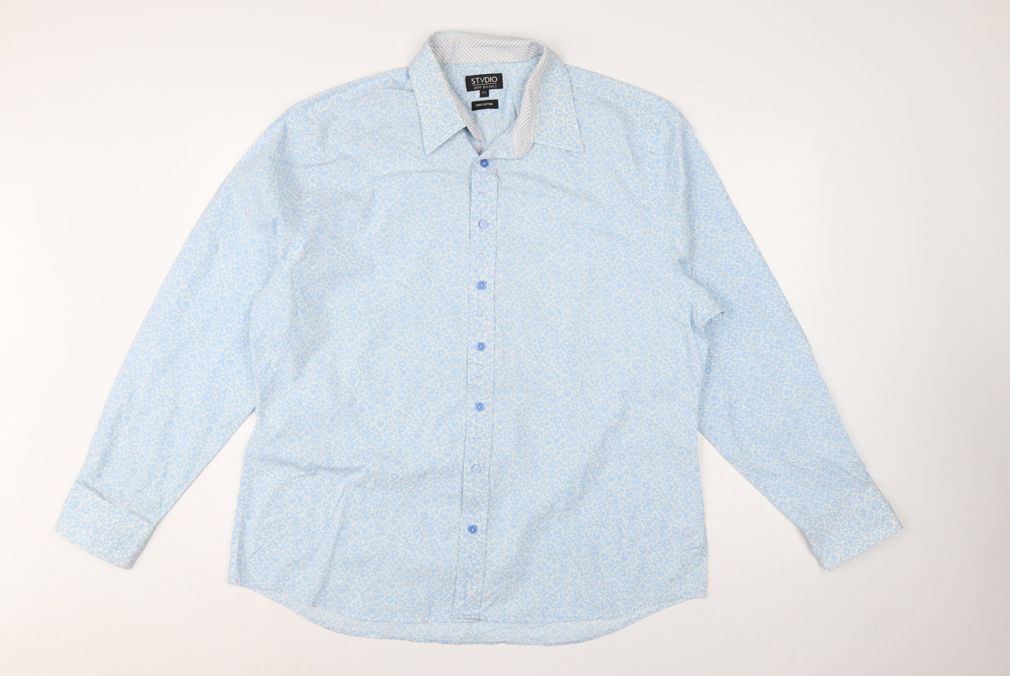 Jeff Banks Men Light Blue 17.5 Floral Cotton Long Sleeve Button-Up Shirt