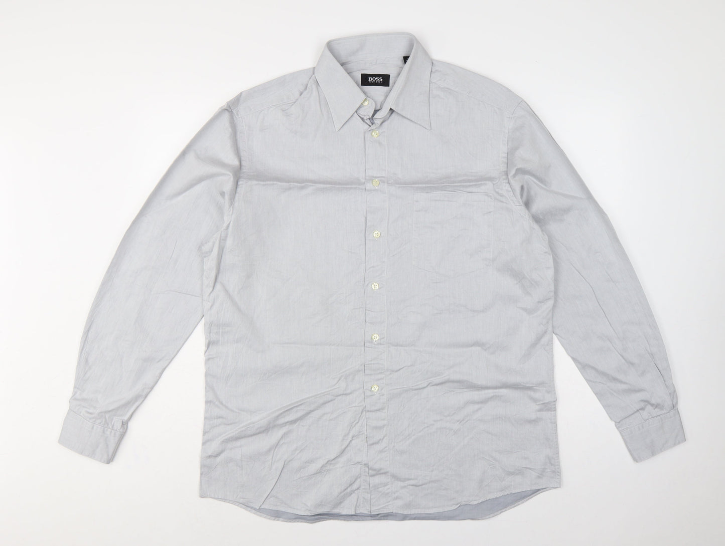 Hugo Boss Men Grey 16 Cotton Long Sleeve Button-Up Point Collar Shirt