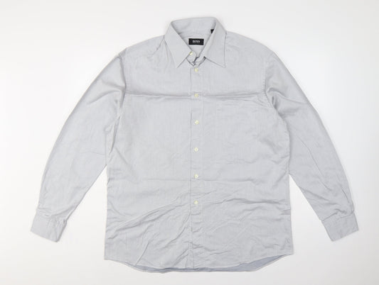 Hugo Boss Men Grey 16 Cotton Long Sleeve Button-Up Point Collar Shirt