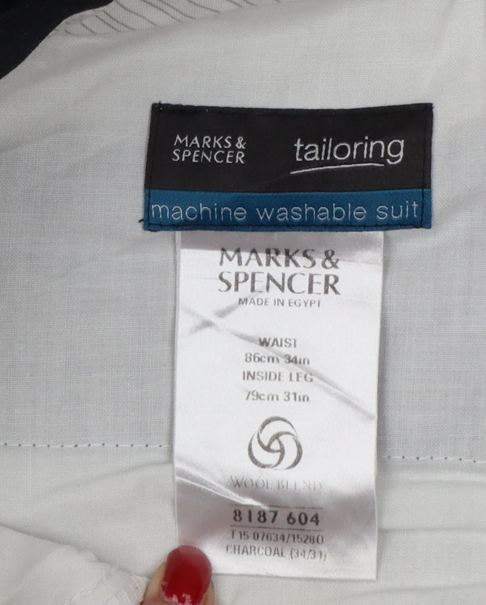 Marks and Spencer Men Charcoal Pinstripe Pleated Trousers W34 L31