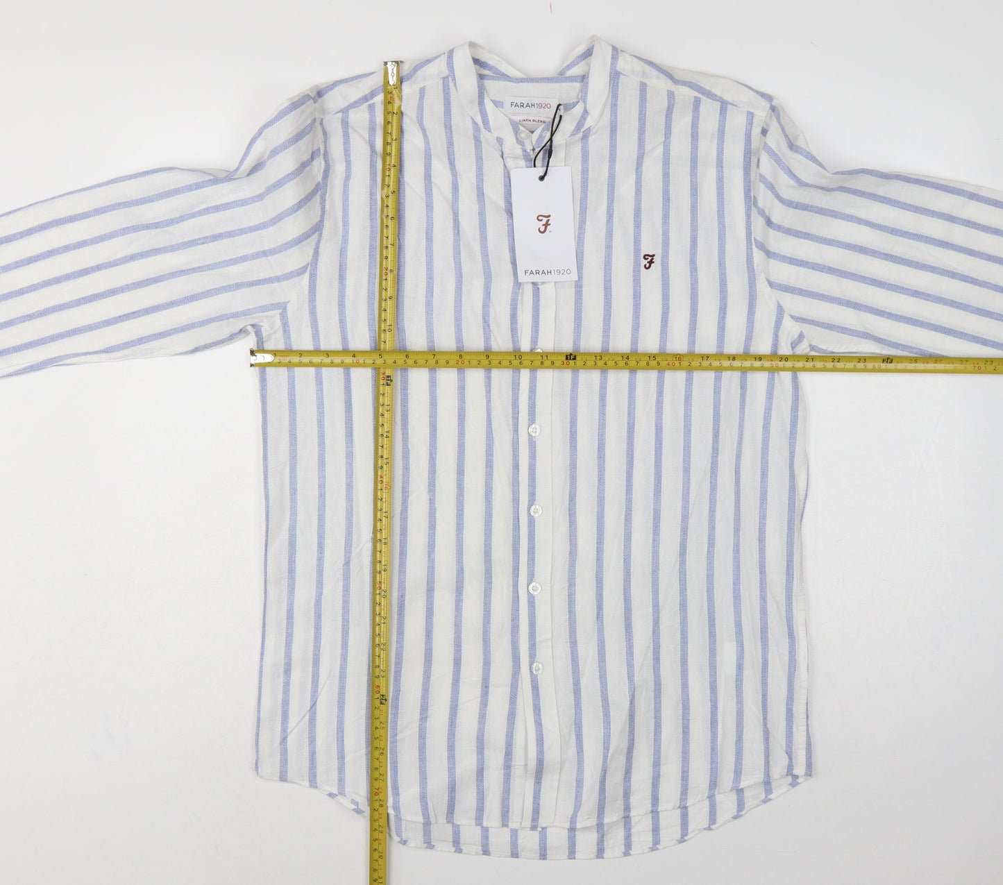 Farah 1920 Men's Blue White Stripe Linen Blend Band Collar Shirt M