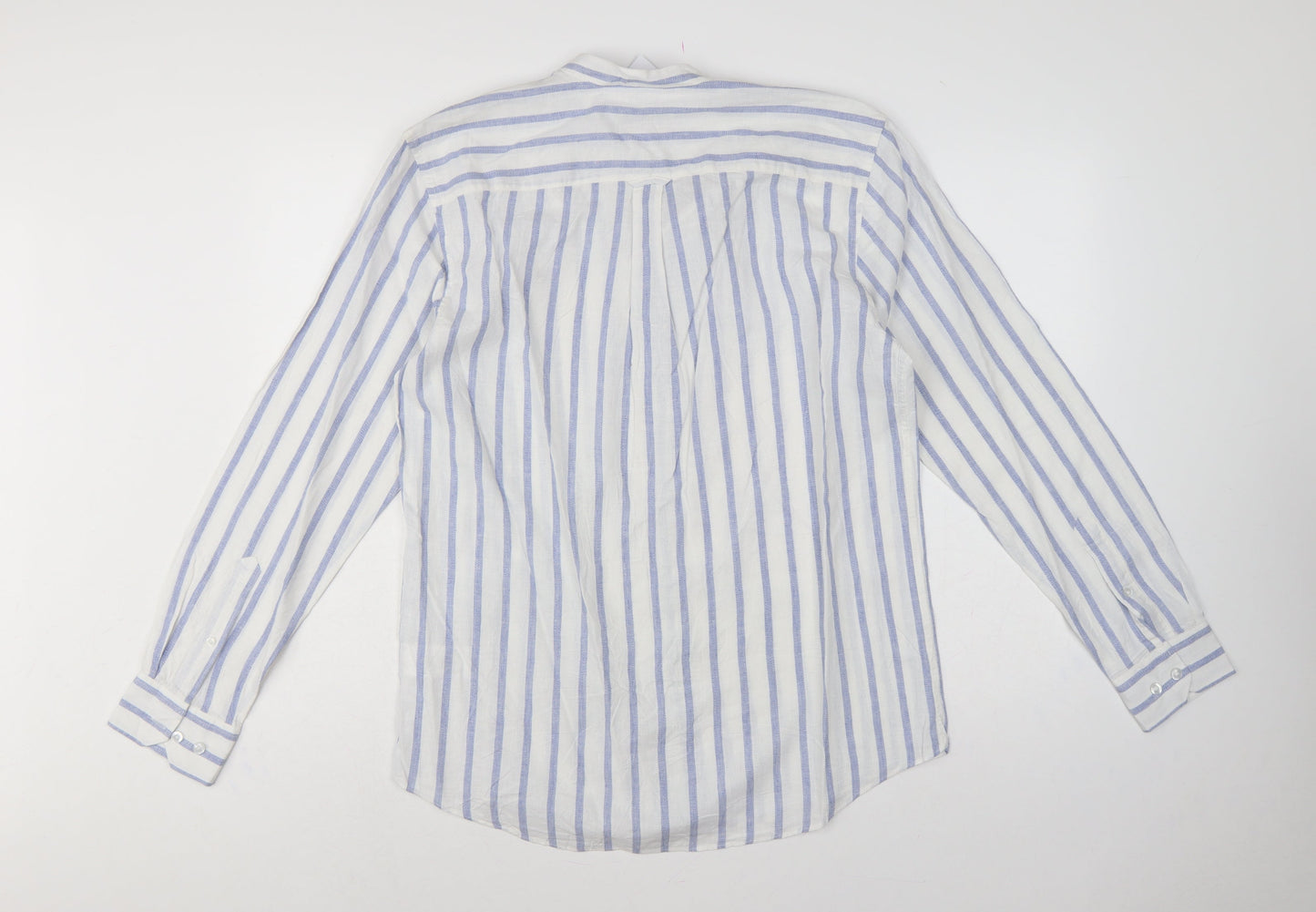 Farah 1920 Men's Blue White Stripe Linen Blend Band Collar Shirt M