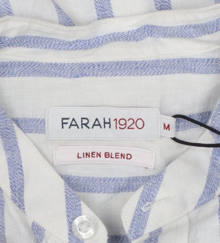 Farah 1920 Men's Blue White Stripe Linen Blend Band Collar Shirt M