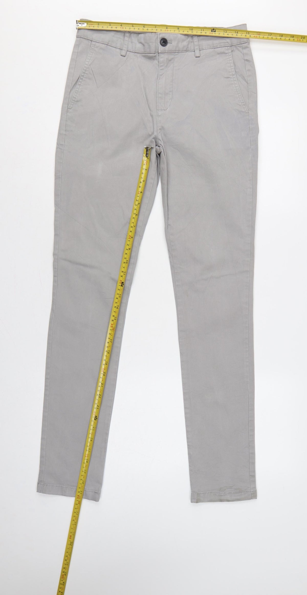 Close-up detail of Topman Men’s Grey W30 L34 Slim Skinny Chino Jeans Zip Fly