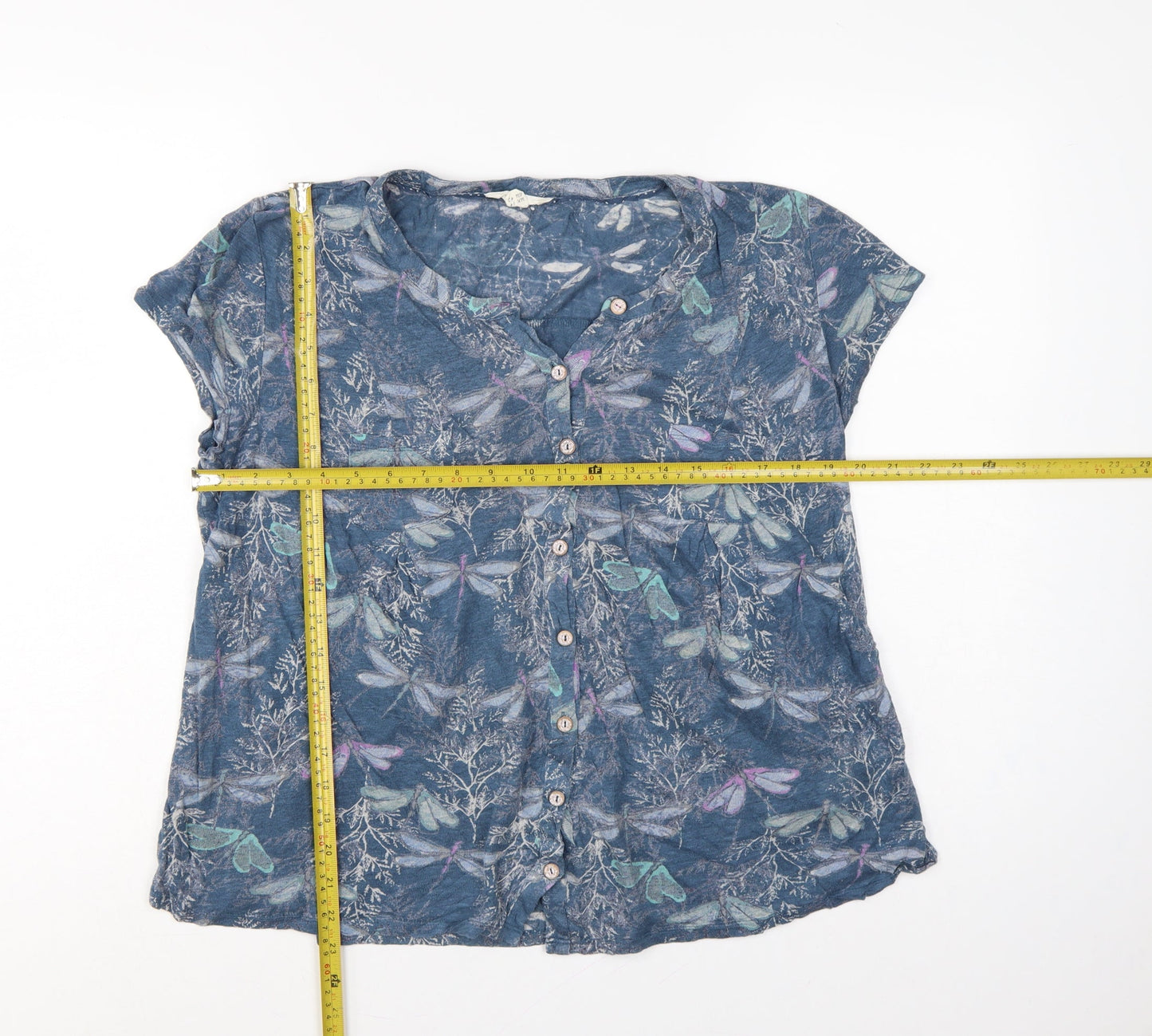 White Stuff Women Blue UK 14 Linen Dragonfly Button-Up Short Sleeve Blouse