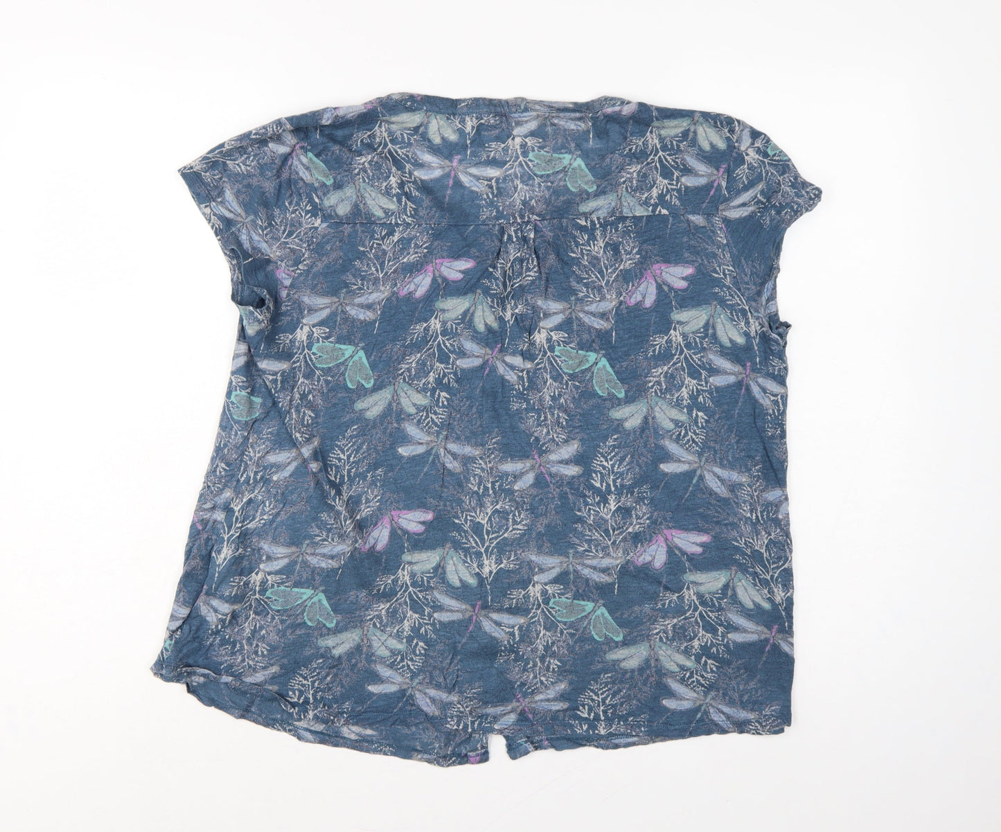 White Stuff Women Blue UK 14 Linen Dragonfly Button-Up Short Sleeve Blouse
