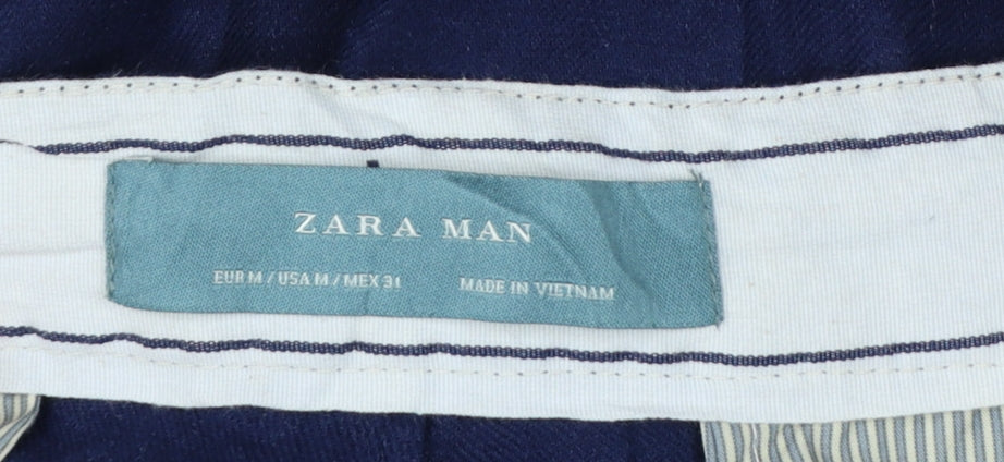 Zara Men Blue Linen Blend Drawstring Tapered Trousers Size M