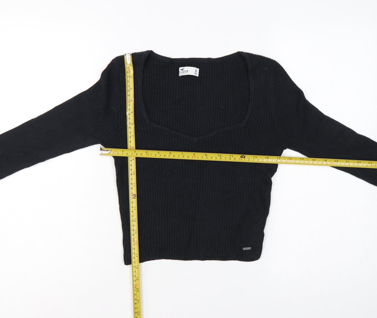Hollister Women Black M Square Neck Rib Knit Slim Pullover Jumper