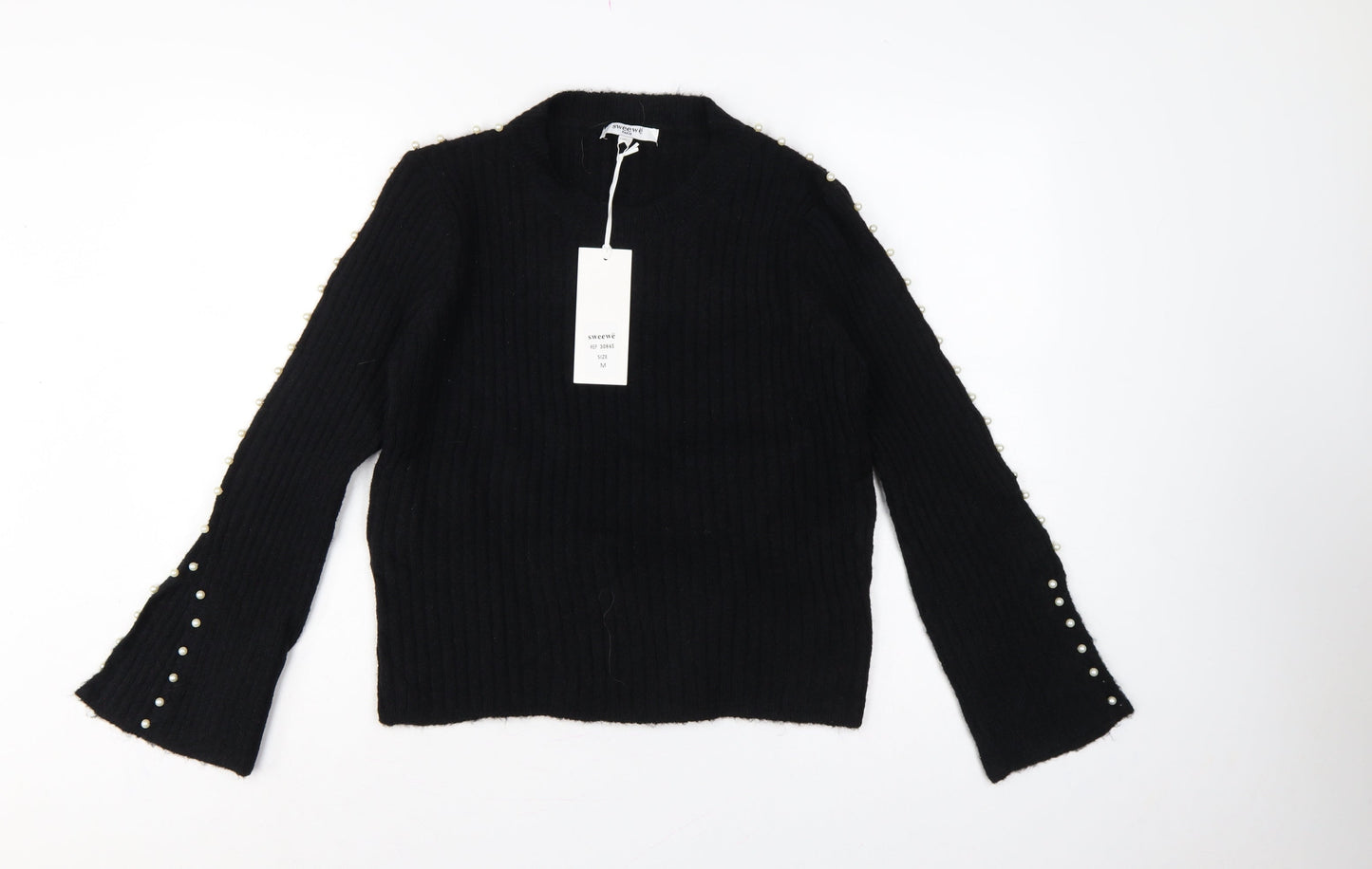 Sweewe Paris Women Black M Pullover Pearl Flared Sleeve Rib Knit Jumper