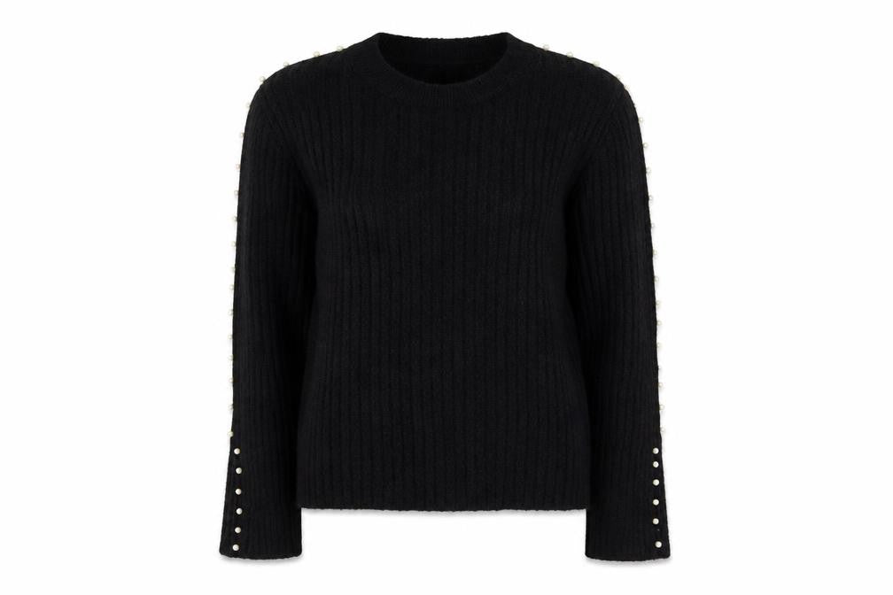 Sweewë Paris Women Black M Pullover Pearl Flared Sleeve Rib Knit Jumper