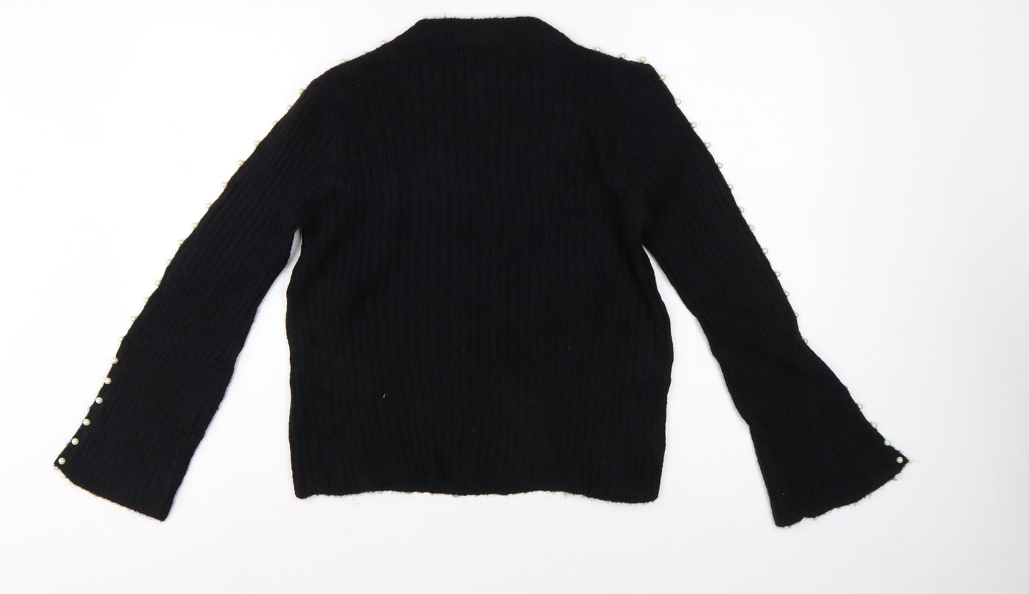Sweewe Paris Women Black M Pullover Pearl Flared Sleeve Rib Knit Jumper