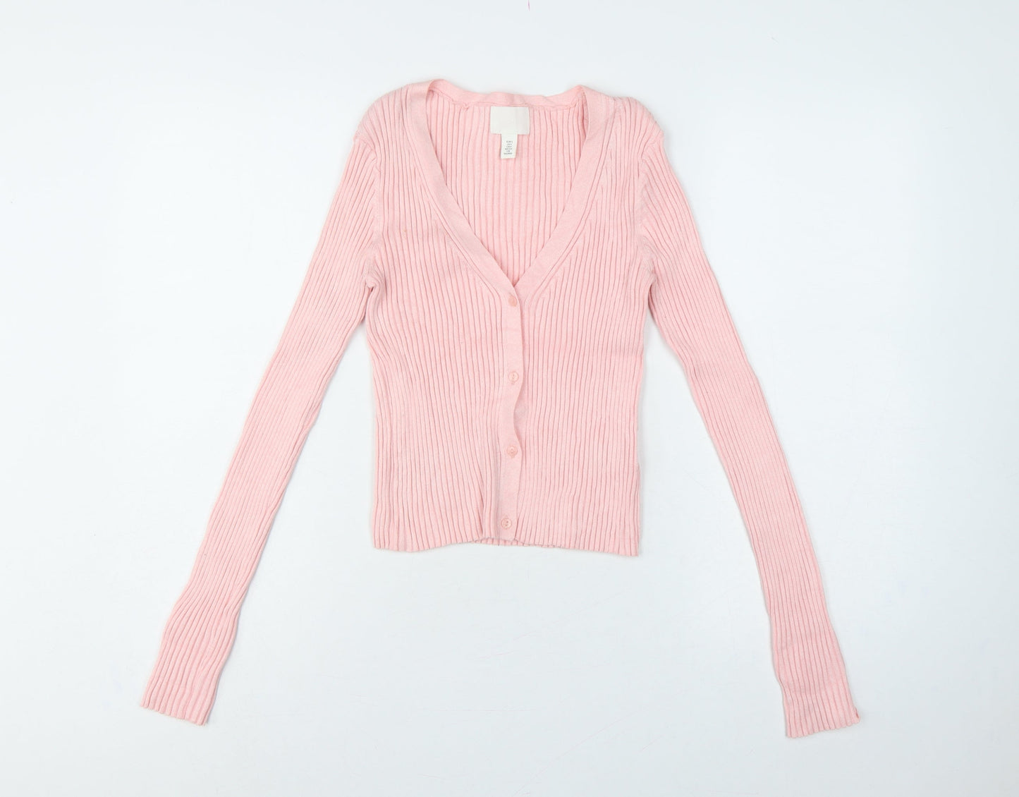 H&M Women Pink Size 8 Rib Knit V-Neck Button Cardigan