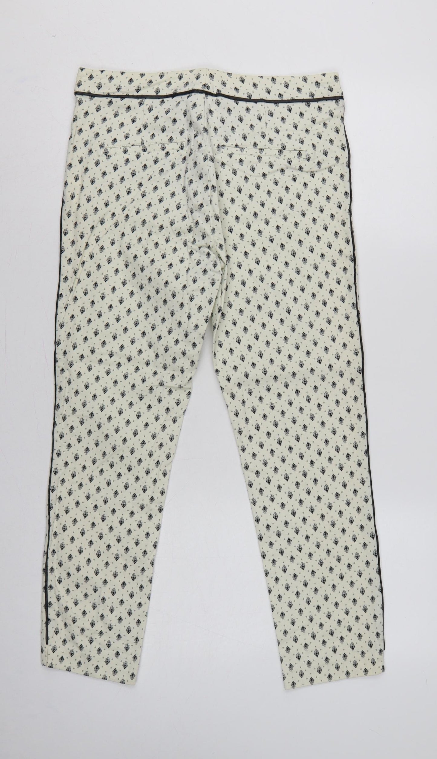 Stradivarius Women Ivory UK 10 Slim Straight Floral Zip Trousers