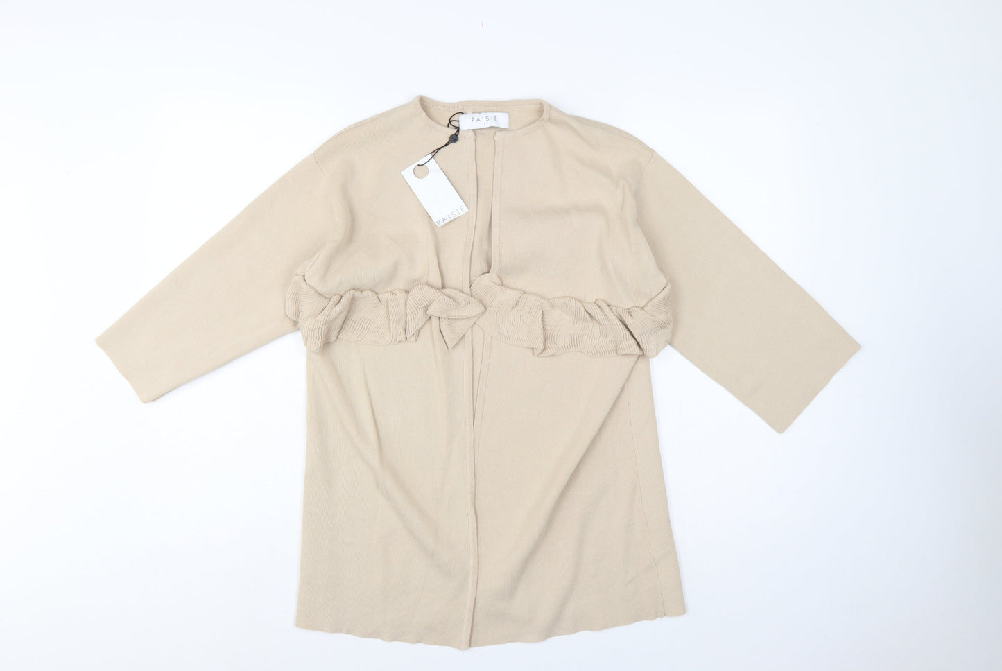 Paisie Women Beige L Open Ruffle Longline Viscose Cardigan