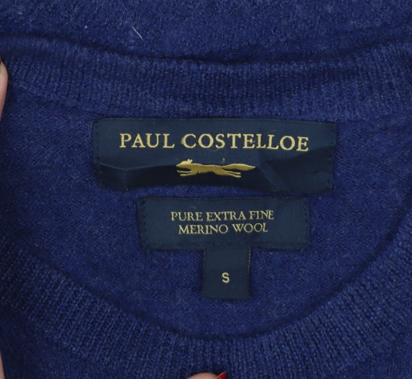 Paul Costelloe Men’s Blue Small Merino Wool Crew Neck Pullover Jumper