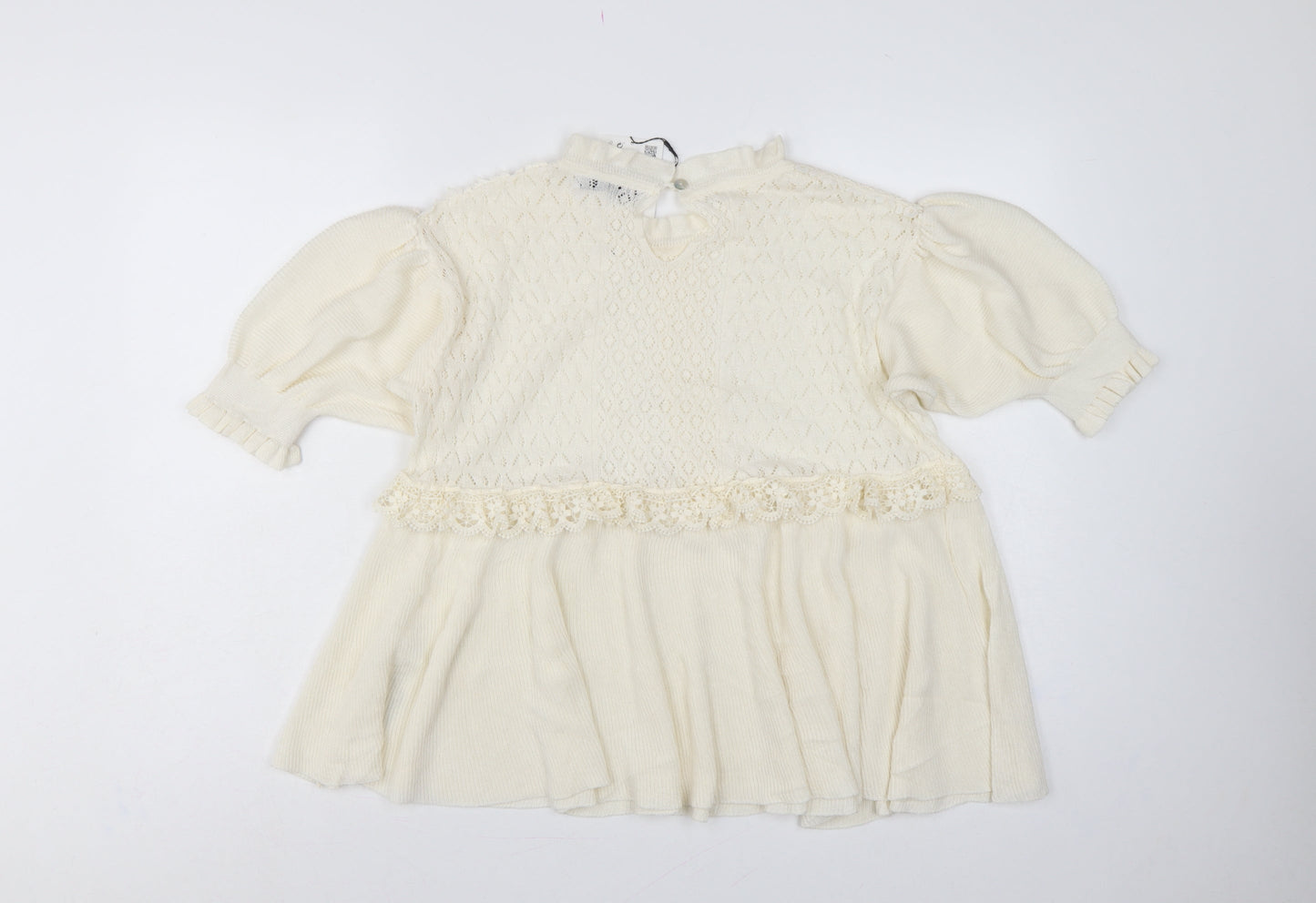 Zara Women Ivory UK 12 Ruffle Lace Knit Puff Sleeve Tunic Jumper