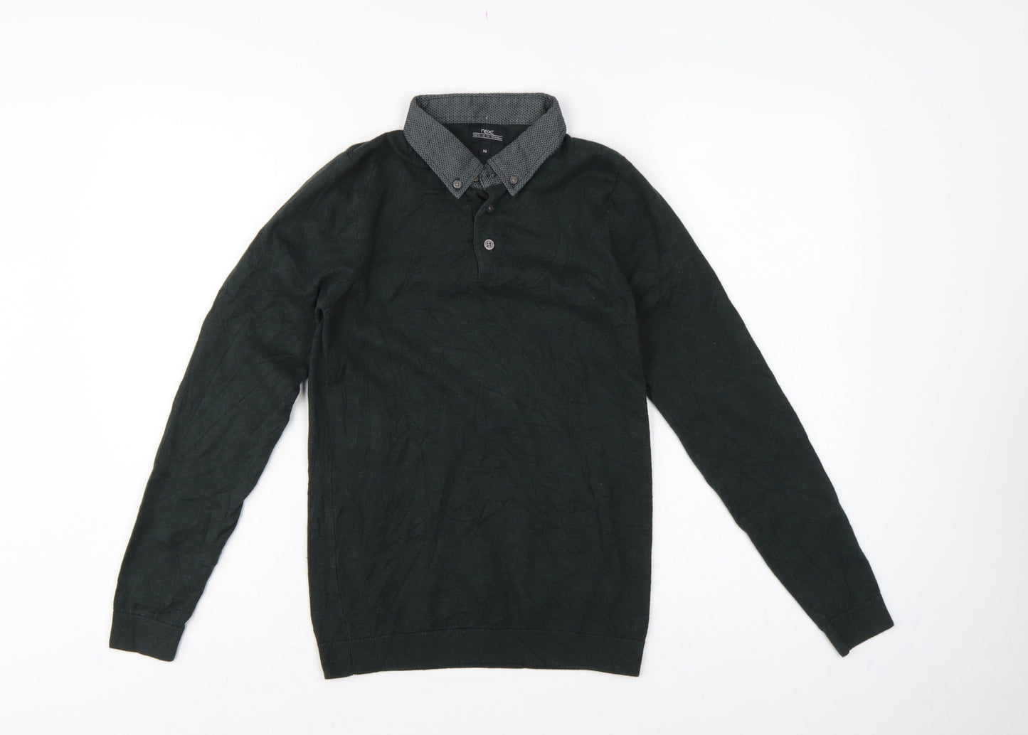 Next Men’s Green XS Henley Collared Cotton Knit Jumper Long Sleeve