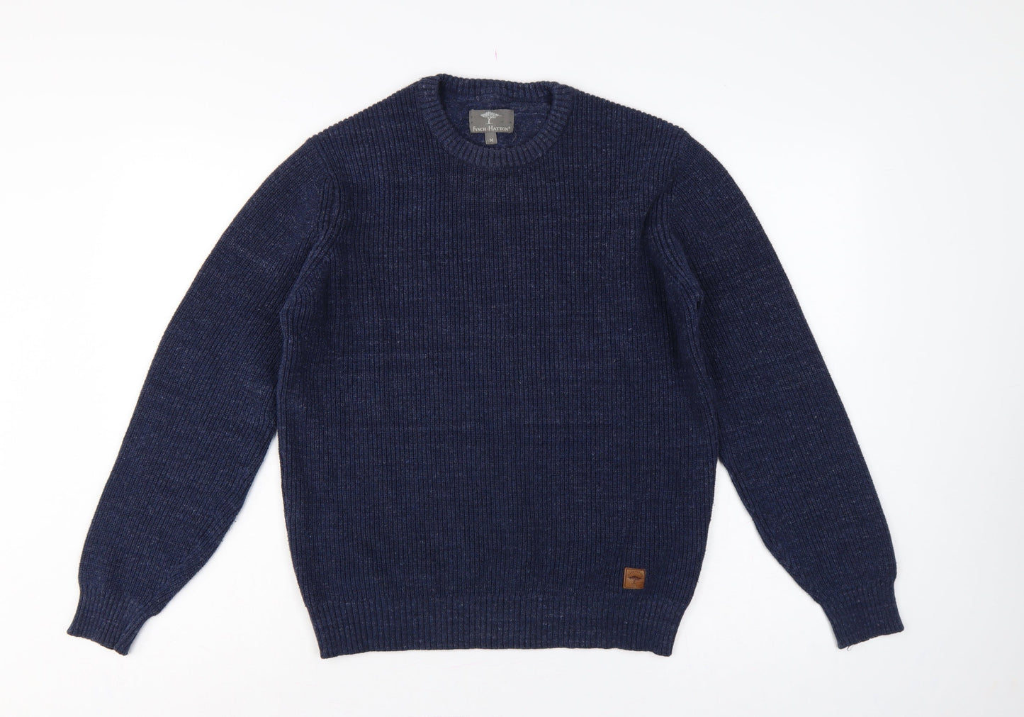 Fynch-Hatton Men’s Blue M Ribbed Wool Cotton Crew Neck Pullover Jumper