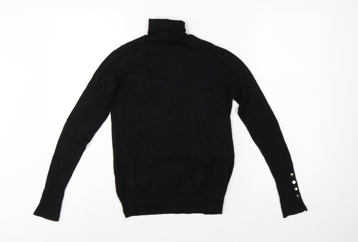 Zara Women Black S Roll Neck Knit Pullover Jumper Gold Button Cuffs