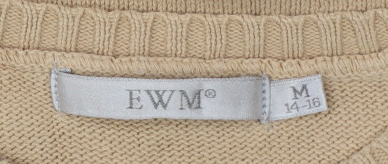 EWM Women Beige Cotton Crew Neck Pullover Jumper UK 14-16