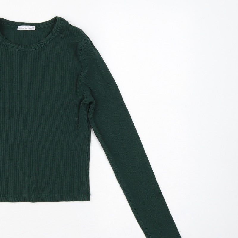 Bershka Women Green M Rib Knit Slim Fit Long Sleeve Basic T-Shirt