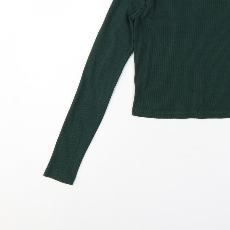 Bershka Women Green M Rib Knit Slim Fit Long Sleeve Basic T-Shirt