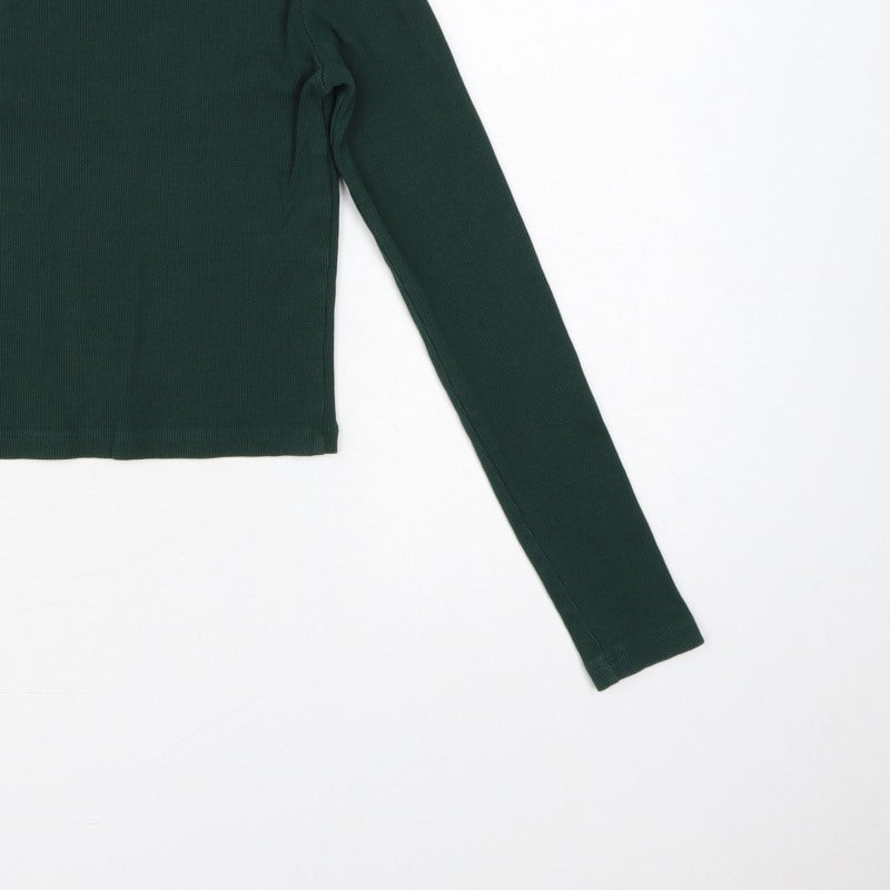 Bershka Women Green M Rib Knit Slim Fit Long Sleeve Basic T-Shirt