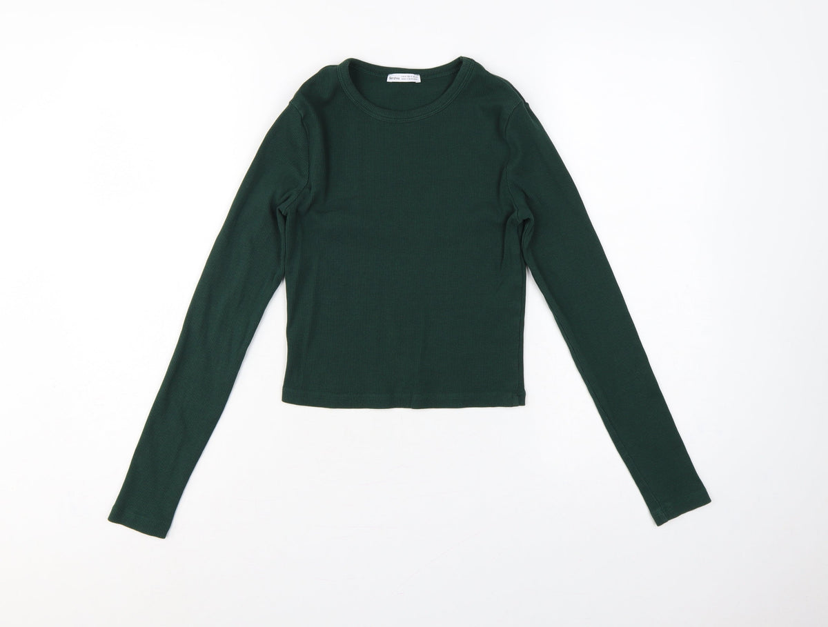 Bershka Women Green M Rib Knit Slim Fit Long Sleeve Basic T-Shirt